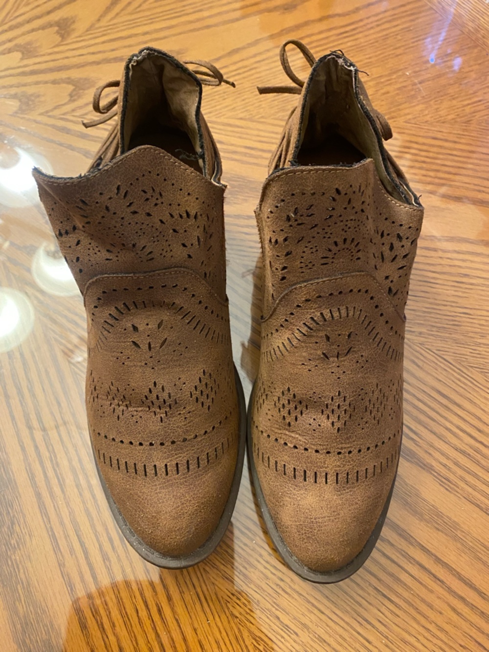 Women’s Brown Perforated Suede Ankle Heeled Boots - Picture 3 of 6